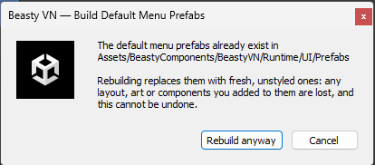 The confirmation dialog before rebuilding or upgrading the UI prefabs