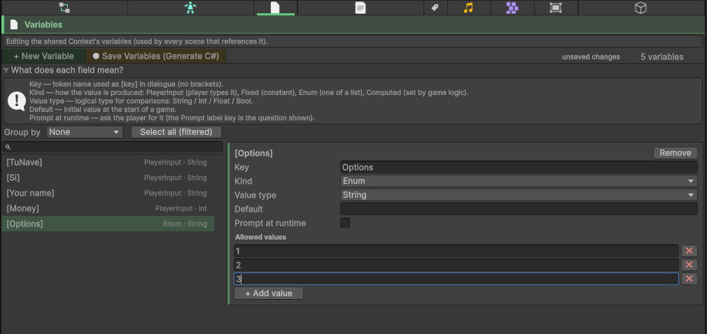 Creating a variable in the Variables tab