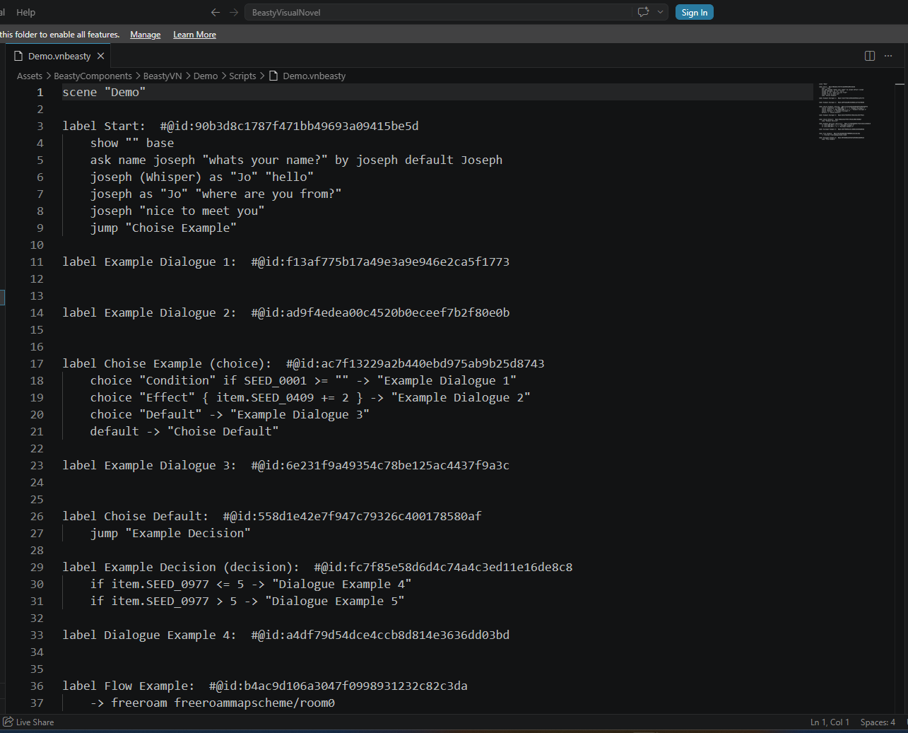 A .vnbeasty file open in a code editor